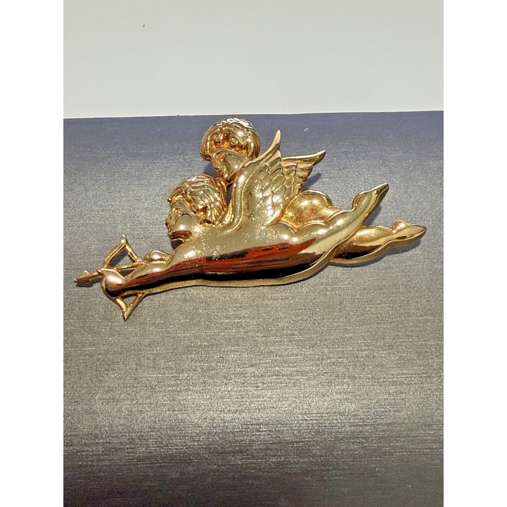 Vintage Gold Tone Double Cherub Angel Pin Brooch with Bow and Arrow Large 3"